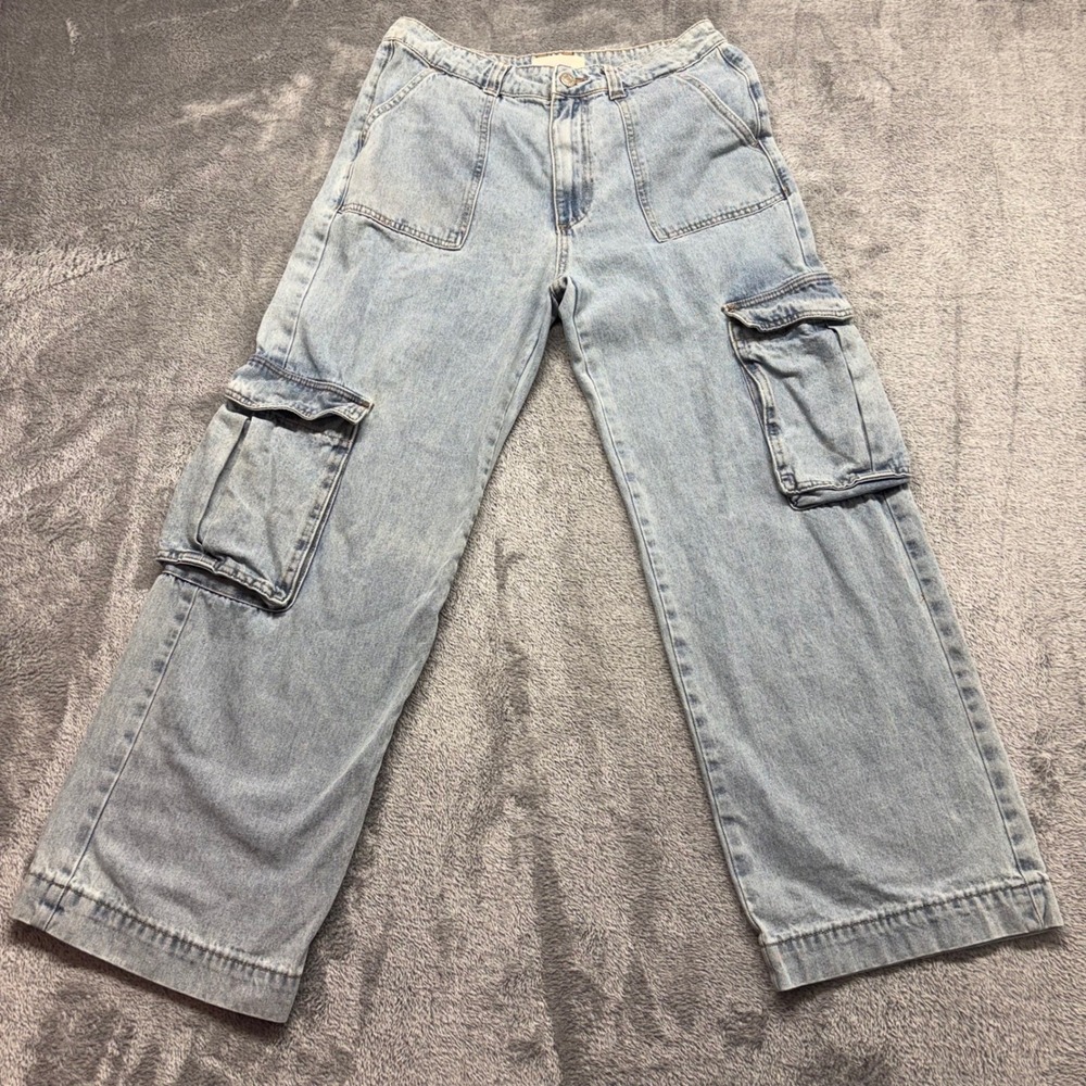 Miss Love Cargo Jeans Women Size 29 Light Blue Excellent Wide Leg Utility Denim